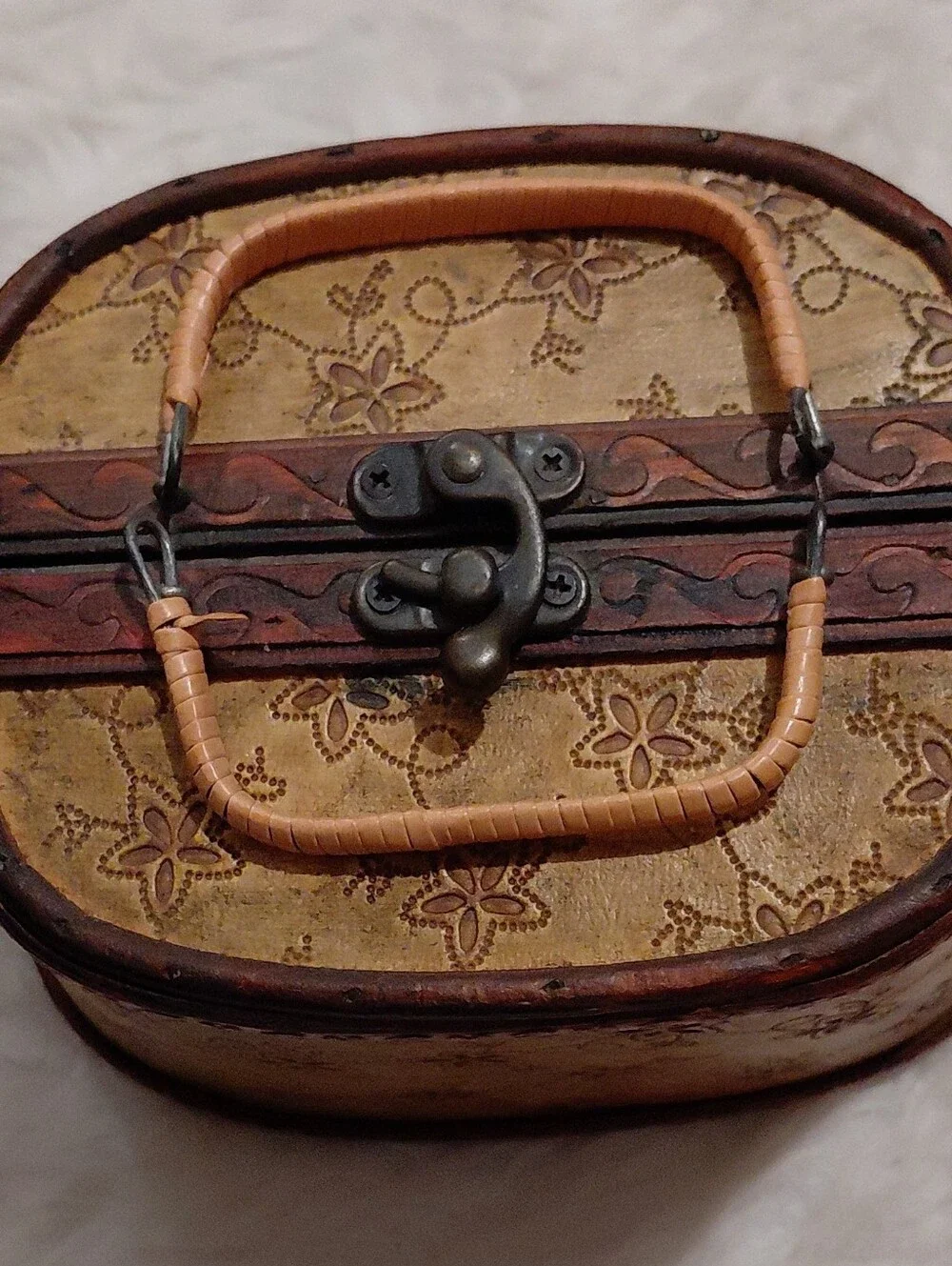 Tan Floral-Embossed Cosmetic Case with Top Handle